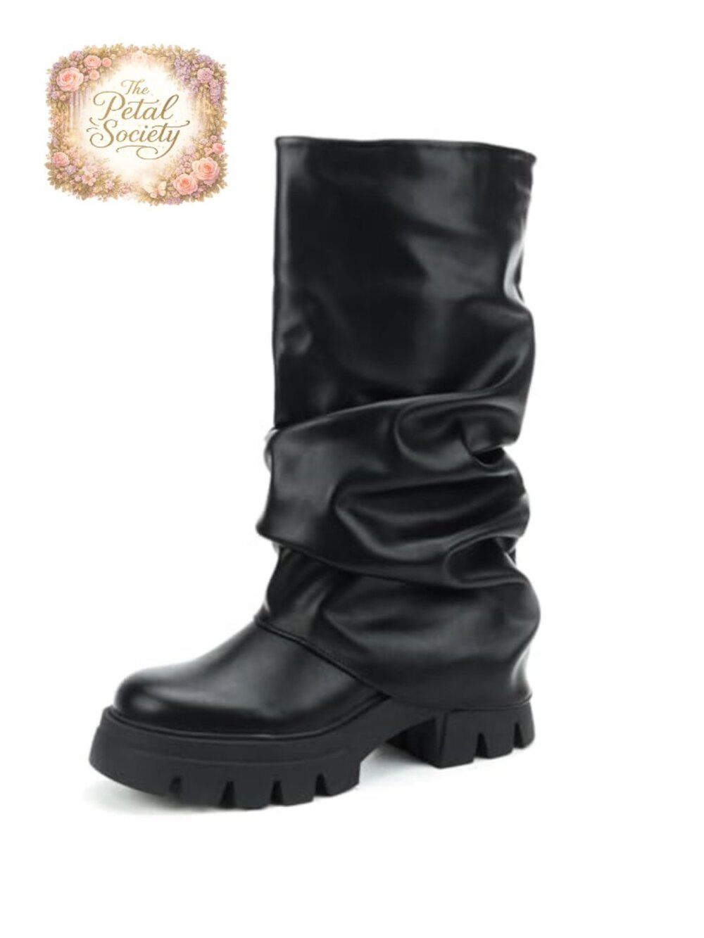 Slouchy Faux Leather Platform Mid Calf Boots Chunky Heel Ruched